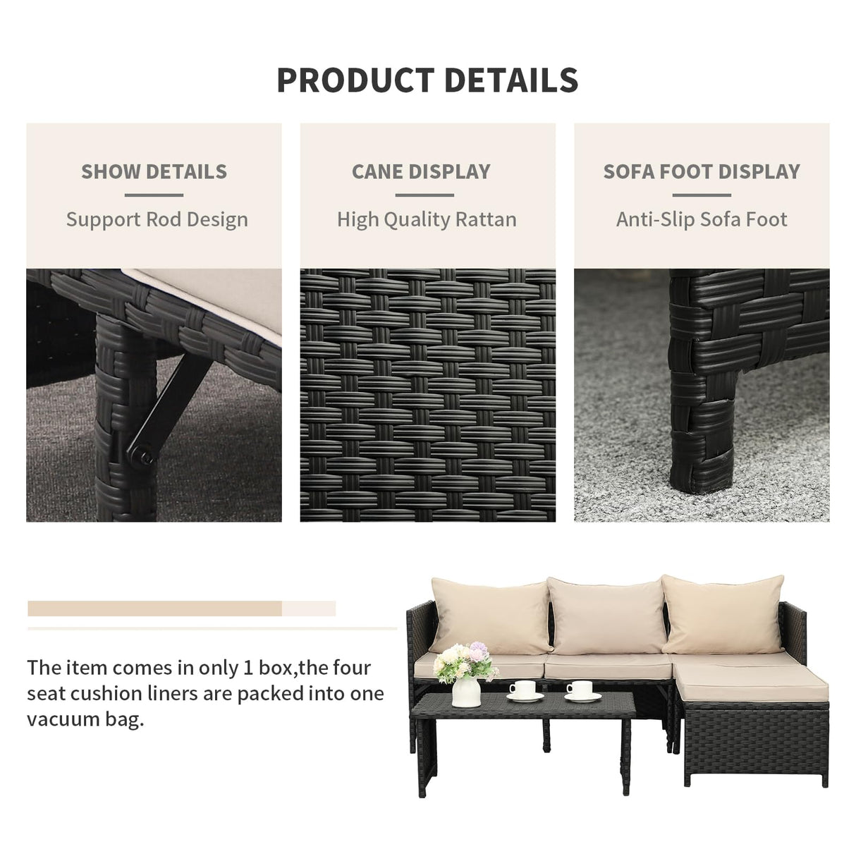 Valita 3-Piece Outdoor PE Rattan Furniture Set Patio Black Wicker Conversation Loveseat Sofa Sectional Couch Khaki Cushion Valita