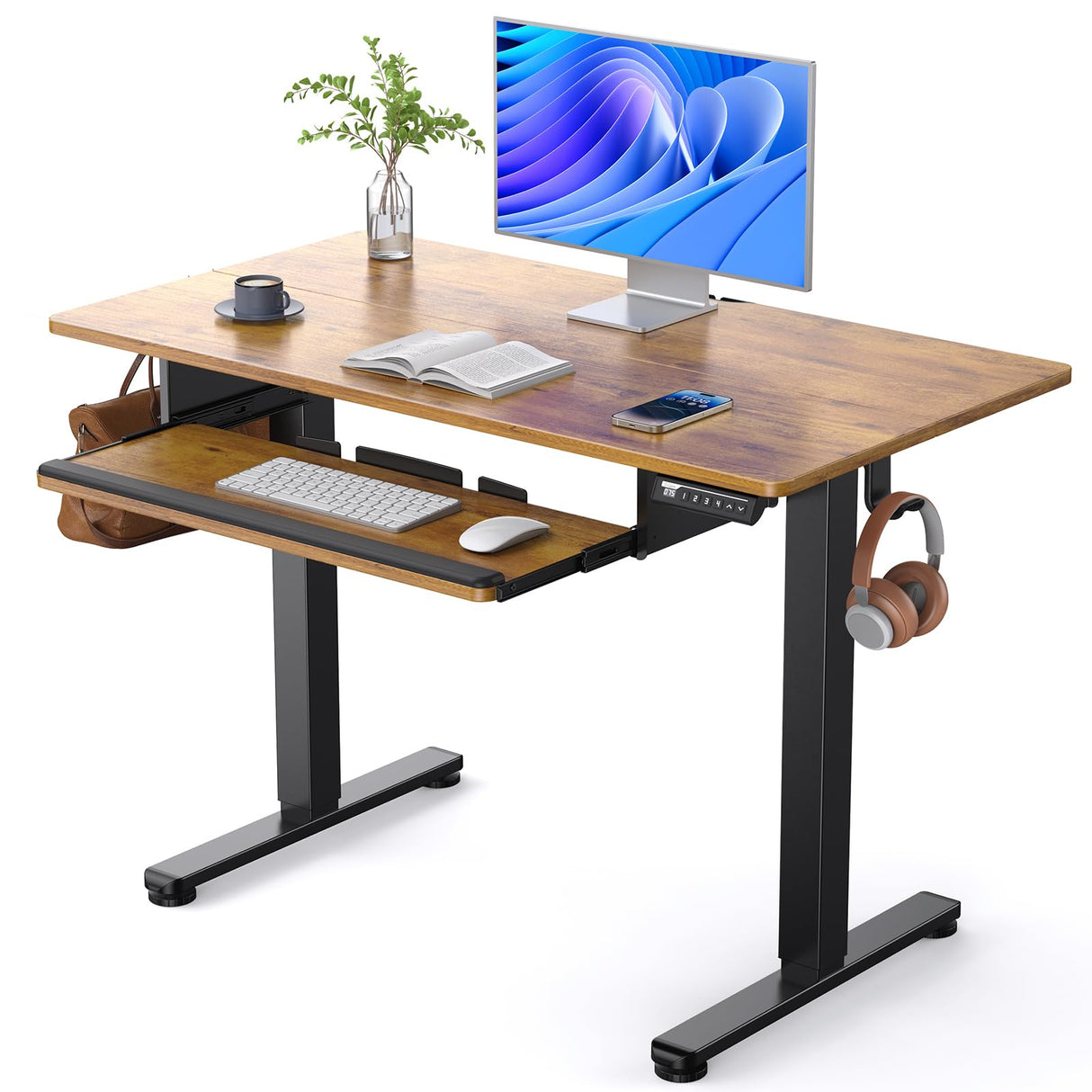 ErGear Electric Standing Desk with Keyboard Tray, 44x24 Inches Adjustable Height Sit Stand Up Desk, Home Office Desk Computer Workstation, Vintage Brown ErGear