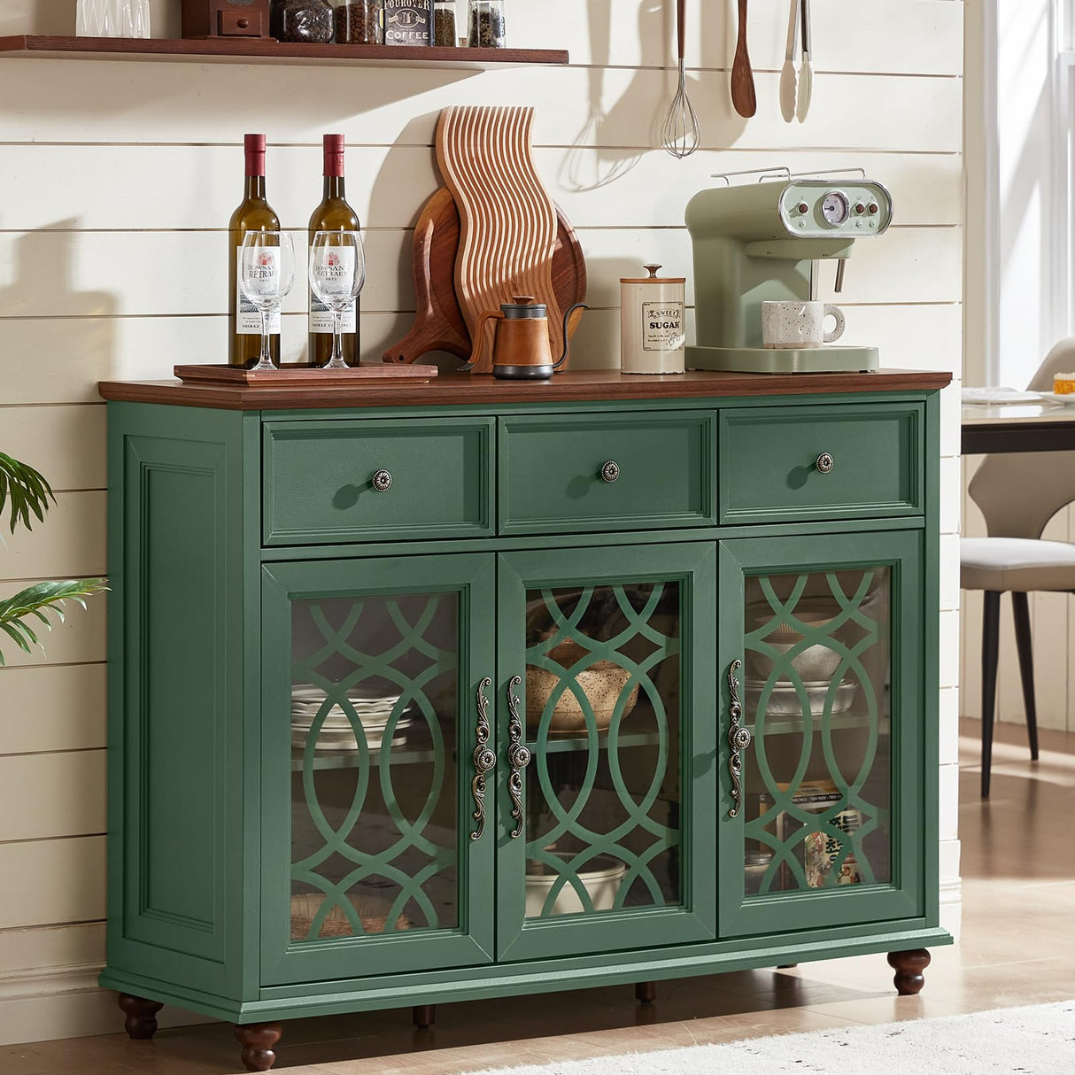 Joaxswe Farmhouse Sideboard Buffet Cabinet with Storage,48" Large Credenza with 3 Glass Doors & 3 Drawers,Adjustable Shelves Console Table,Wood Kitchen Coffee Bar for Dining Room,Living Room,Green Joaxswe