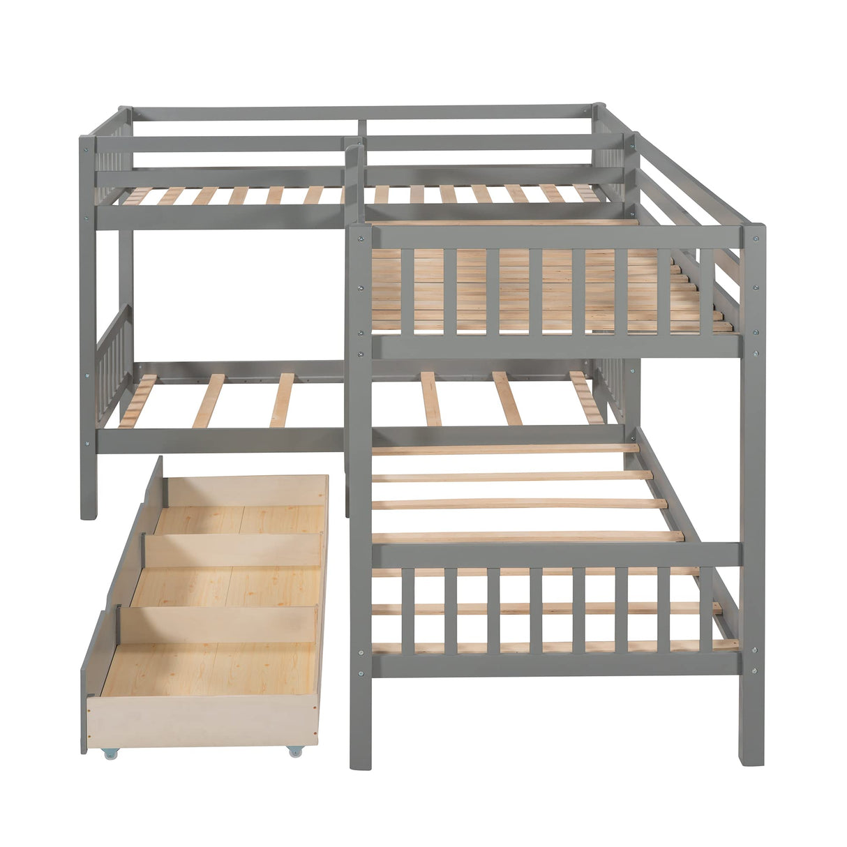 MERITLINE Quad Bunk Beds with Storage,4 Twin Bunk Bed for Kids, Solid Wood L Shaped Bunk Bed 4 Bed Bunk Beds for Kids,Teens, Adults,Grey MERITLINE