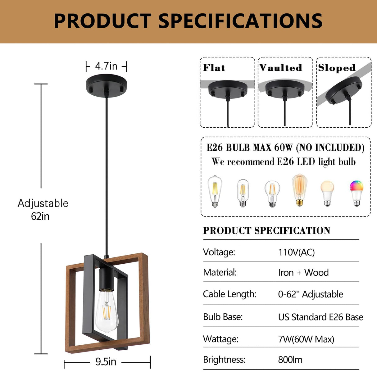 9MMML Wood Pendant Light Kitchen Island Set of 2, Farmhouse Hanging Lamp with 62'' Height Adjustable Cord, Small Ceiling Pendant Light Fixture for Dining Room, Entryway, Foyer(E26 Bulb Base) 9MMML