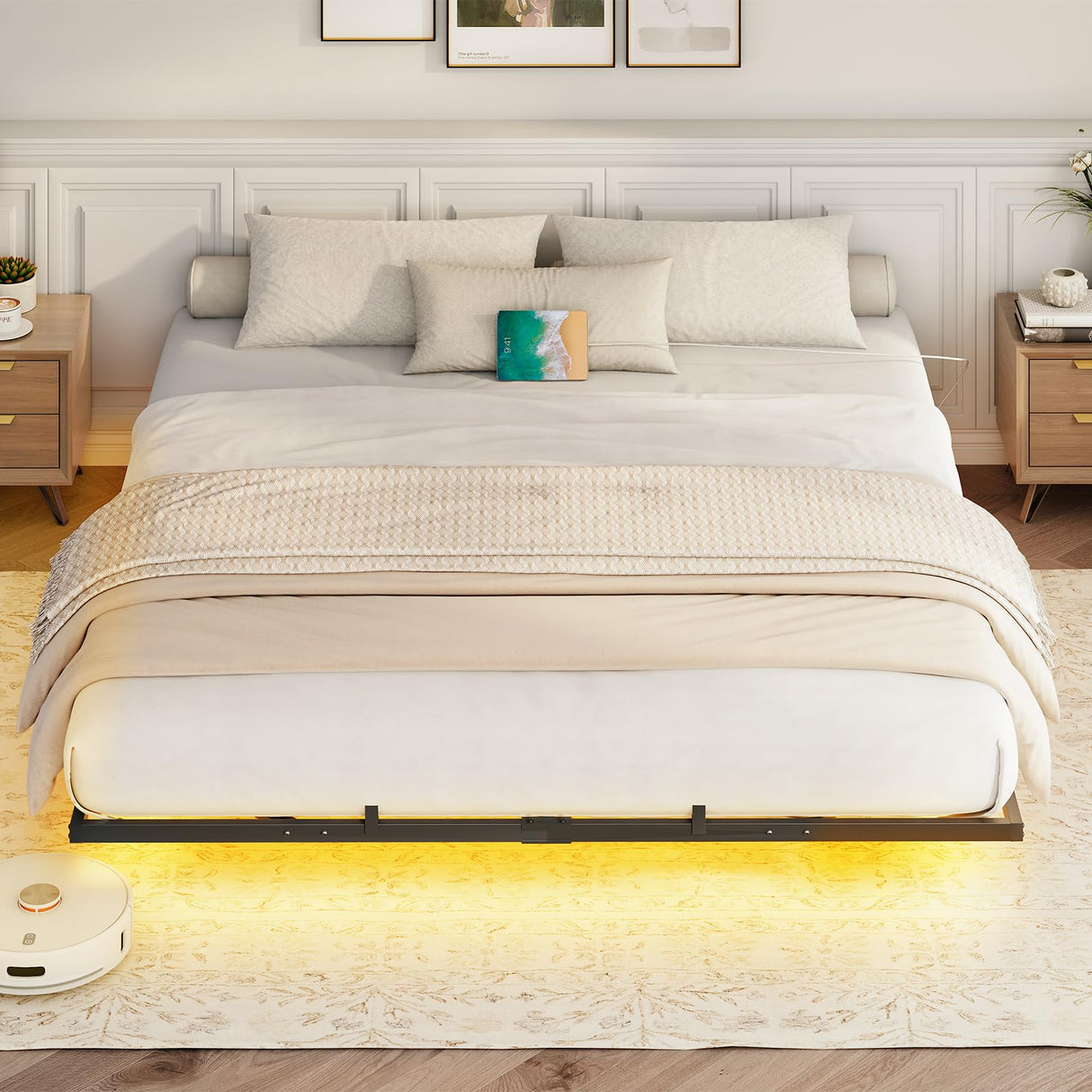 HOOBRO Floating Bed Frame King Size, Bed Frame with Charging Station and LED Lights, Industrial Style Metal Platform King Bed, Soundless, No Box Springs Needed, Black HOOBRO