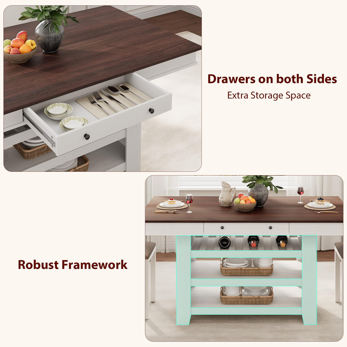 GAOMON 60" Counter Height Dining Table for 4, Farmhouse Rectangular Tall Bar Height Kitchen Dining Table & Thick Table Top, with Deepened Wine Rack & Shelves for Kitchen, Bar,Retro White & Brown GAOMON