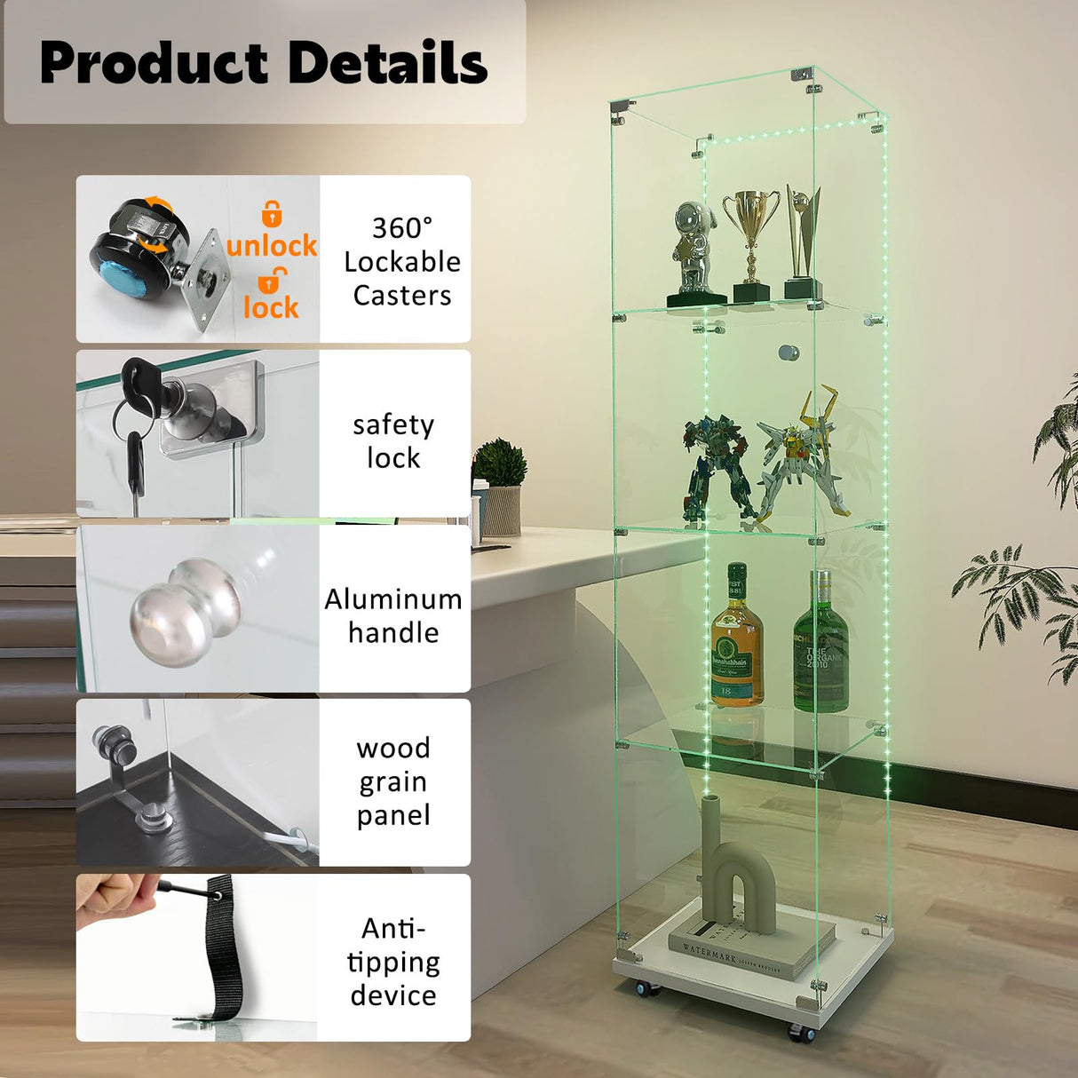 Buzleer Glass Display Cabinet with Lock LED Lighting 4-Tier 1-Door Full Vision Showcase Curio Cabinets Tempered Glass Display Case with Wheels for Living Room Bedroom Office, 65"*15.7"*13.6",White Buzleer