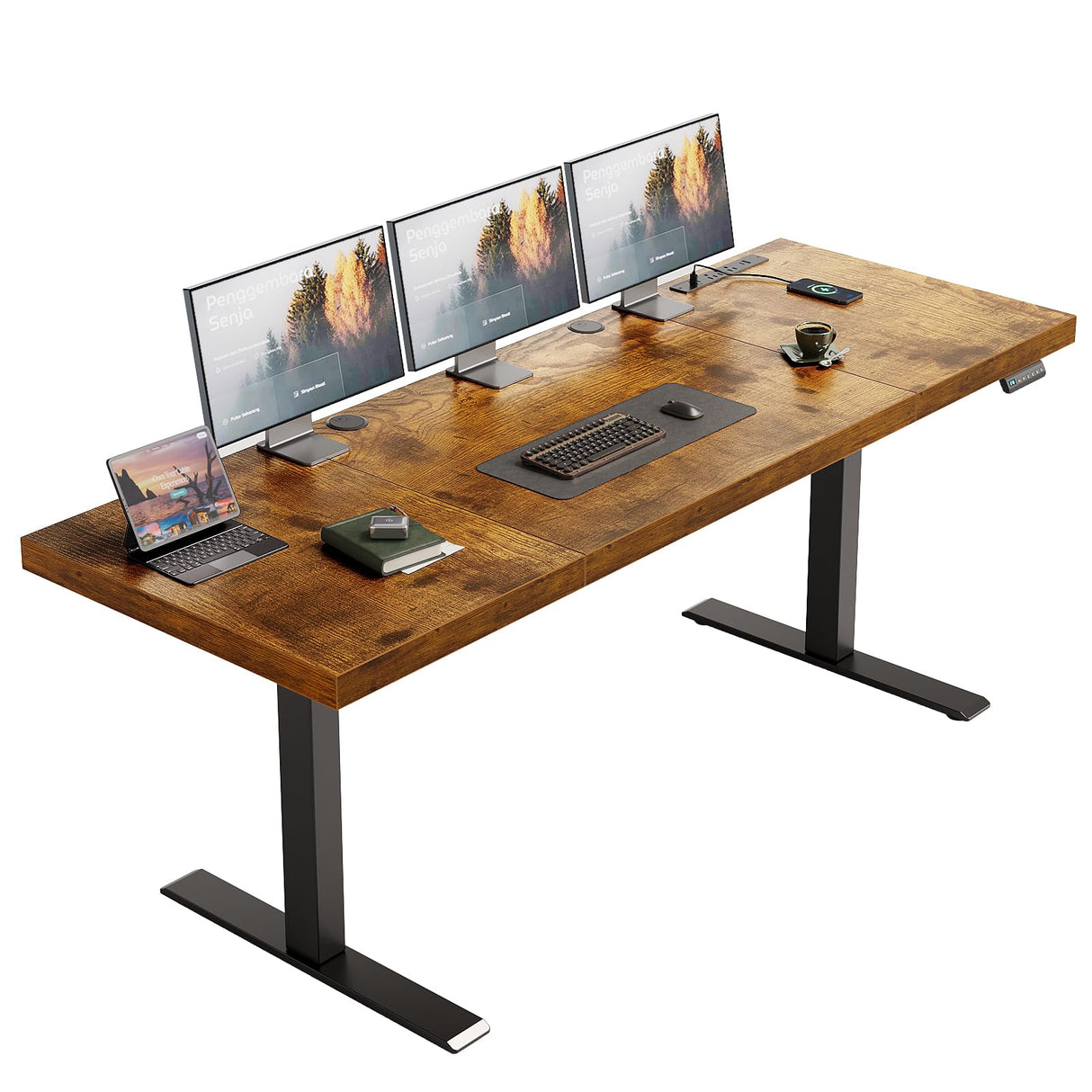 OffiGo Electric Standing Desk with 3-Piece Board, 71 Inch Height Adjustable Large Desk with Power Outlets, Sit Stand Table, Writing Computer Desk for Home, Office, Workstation, Rustic Brown OffiGo