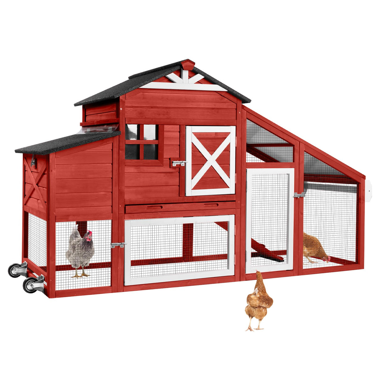 GUTINNEEN Chicken Coop Mobile Hen House with Nesting Box Outdoor Rabbit Hutch Poultry Cage 73.4" with Wheel for 2-4 Chickens, Red GUTINNEEN