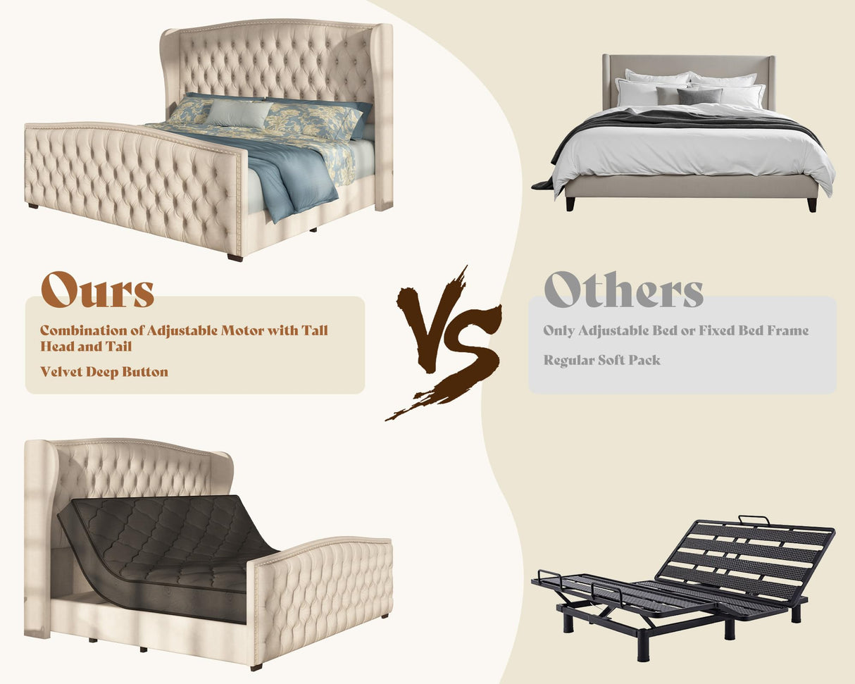 AMERLIFE King Size Adjustable Bed Frame with 51" H Velvet Upholstered and Deep Button Tufted Headboard, Electric Bed with Dual Motor/Nailhead Trim Wingback, No Box Spring Needed, Cream AMERLIFE
