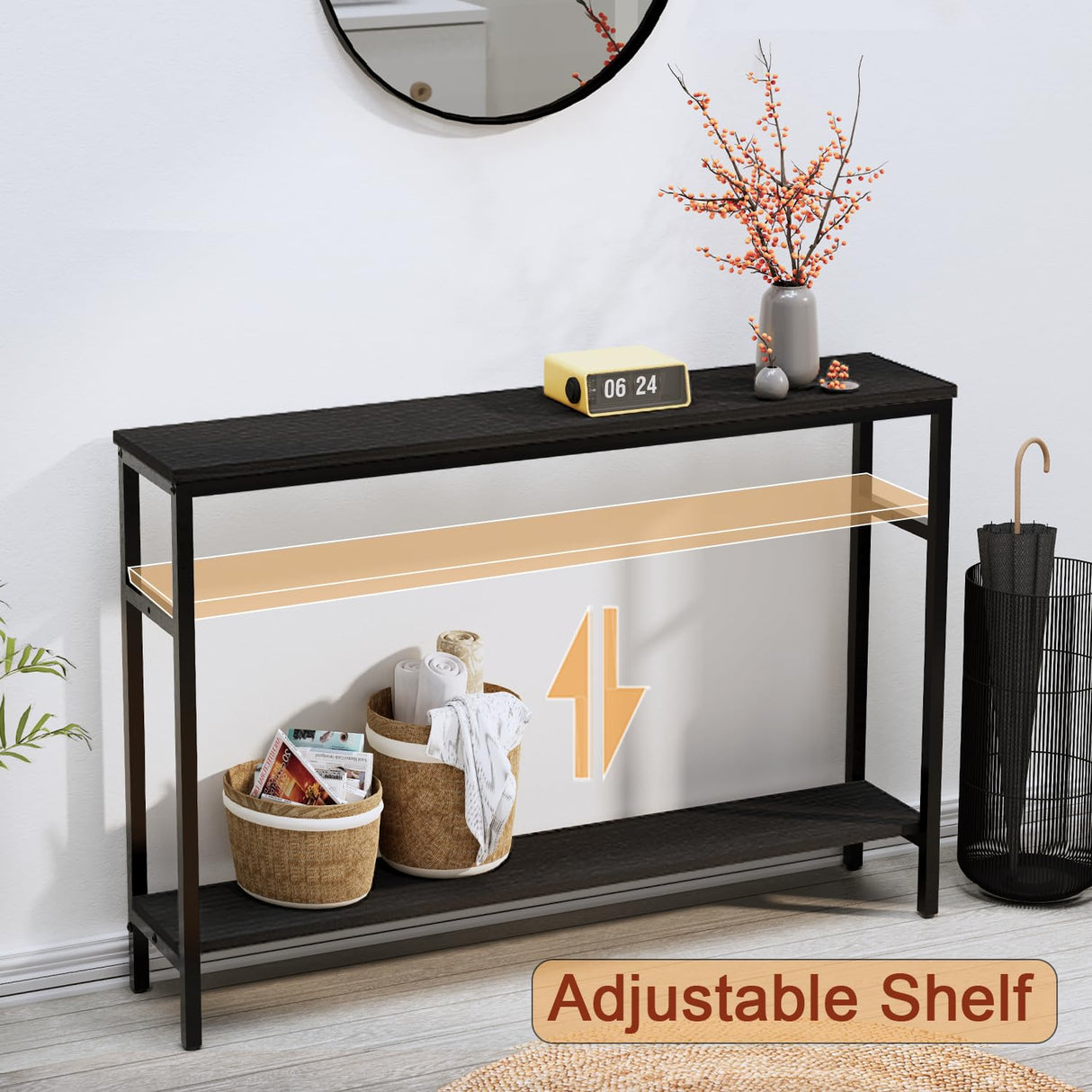 Timberer Narrow Console Table, 47 Inch Sofa Table with Adjustable Shelf, 2-Tier Long Skinny Table for Hallway, Entryway, Living Room, Foyer, Black Timberer