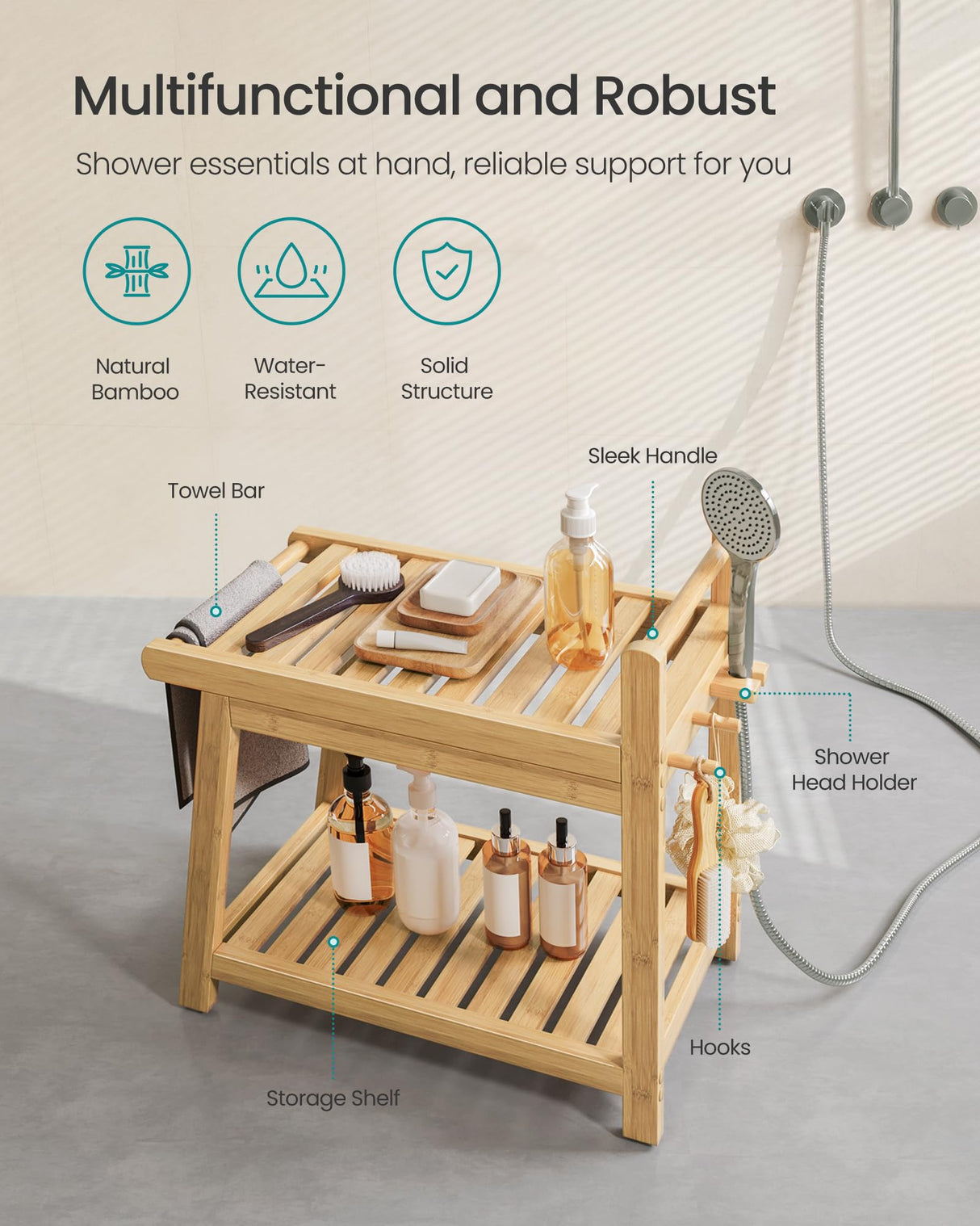 SONGMICS Bamboo Shower Bench with Storage Shelf, Shower Chair, Water Resistant Shower Stool with Handle and Hooks, Shower Head Holder, Non-Slip Feet, for Bathroom, Adults, Natural Beige UBCB121N01 SONGMICS