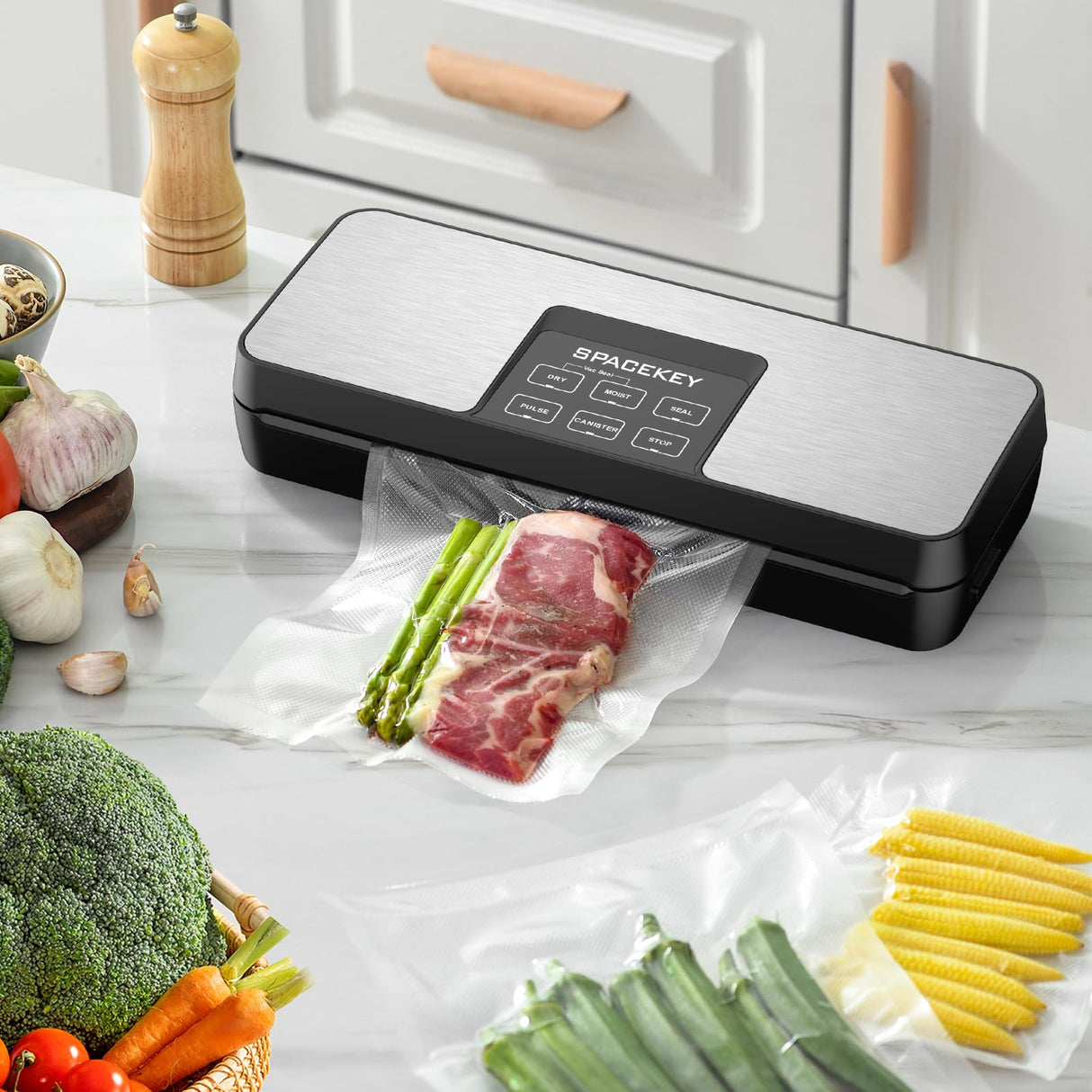 SPACEKEY Vacuum Sealer Machine, 85Kpa Food Sealer with Bag Roll Storage Space, 8-in-1 Food Vacuum Machine, Pulse Function, Dry&Moist Modes, Built in Cutter, Bag Roll included, Silver Spacekey