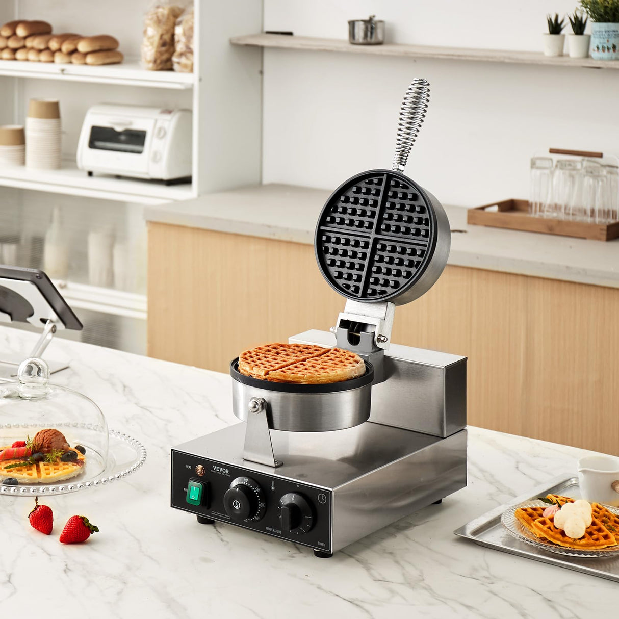 VEVOR Commercial Waffle Maker, 1230W Round Waffle Baker Machine, Non-Stick Stainless Steel Belgian Waffle Iron with Temperature and Time Control, Handle, for Restaurant Bakery Snack Bar Family VEVOR
