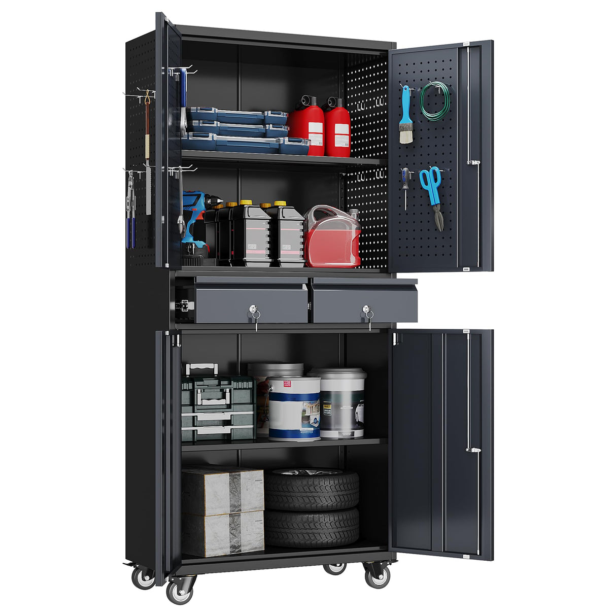 GangMei Metal Garage Storage Cabinet with 2 Drawers and 2 Adjustable Shelves, Rolling Tool Storage Cabinet with Wheels and Locking Doors for Garage, Warehouse, Black and Dark Gray GangMei