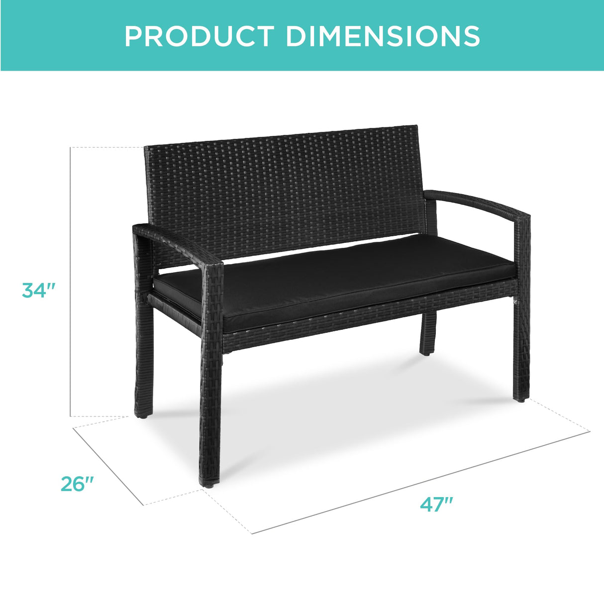 Best Choice Products Outdoor Bench 2-Person Wicker Garden Patio Benches Seating Furniture for Backyard, Porch w/Seat Cushion, 700lb Capacity - Black/Black Best Choice Products