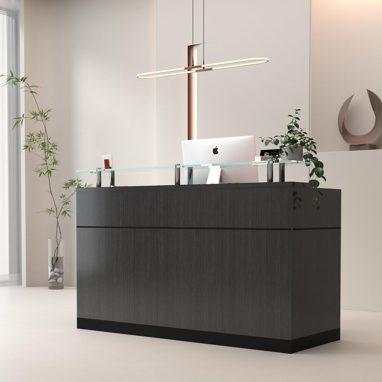 ALFA BUSINESS Modern Rectangle Reception Desk with Glass Counter | Manufactured Wood Front Desk(63" W x 23.7" D) ALFA BUSINESS