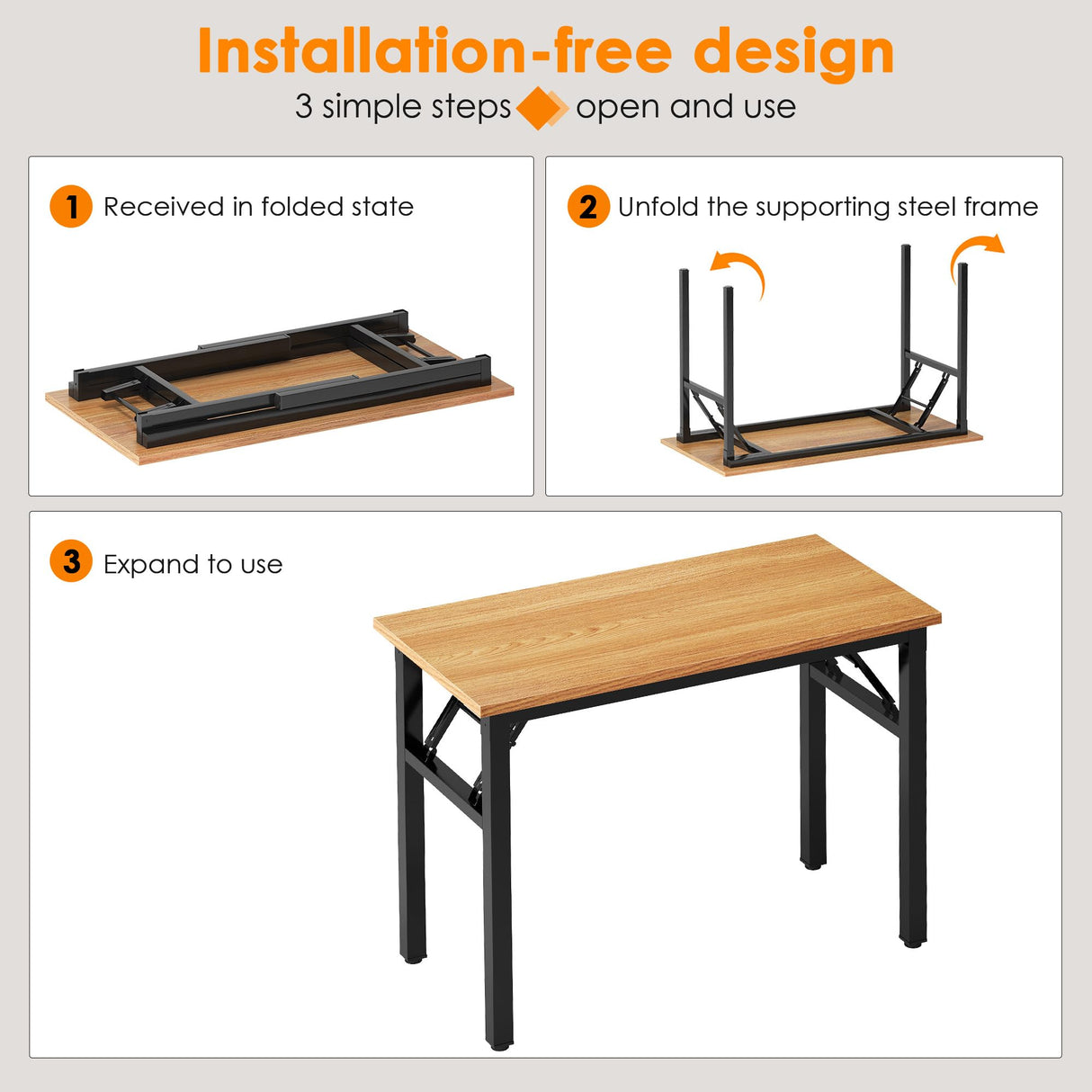 Need Small Computer Desk 31.5 inches Folding Table No Assembly Sturdy Small Writing Desk Folding Desk for Small Spaces, Teak Color Desktop and Black Steel Frame Need