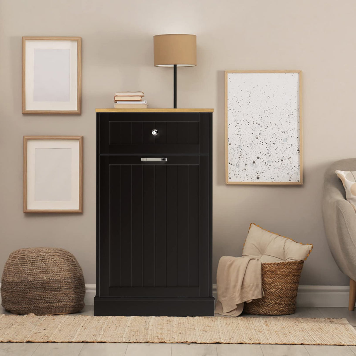 GAZHOME Tilt Out Trash Cabinet, Wooden Free Standing Trash Cabinet,Recycling Cabinet with Hideaway Drawer,10 Gallon Tilt Out Trash Cabinet Kitchen(Black) GAZHOME