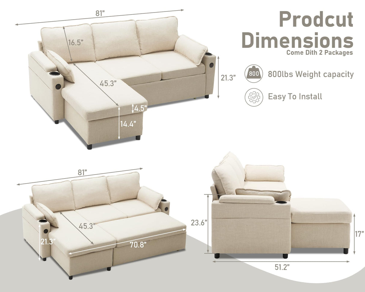 DURASPACE Sofa Bed Sleeper Pull Out 2 in 1 Sectional Sleeper Sofa Couches with Storage,USB, Cup Holder,Pullout Sectional Couches for Apartment Living Room (Beige) DURASPACE