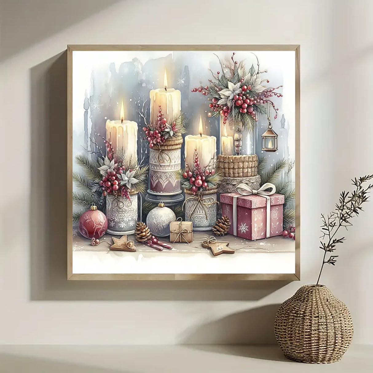Christmas Candle Holly Ball Diamond Art Kits for Adults, 5D Diamond Painting Kits for Adults Beginners, DIY Full Round Drill Diamond Dot Painting Gem Art Kits for Adult, Home Wall Decor 13.8x13.8 Inch VCLKDIY