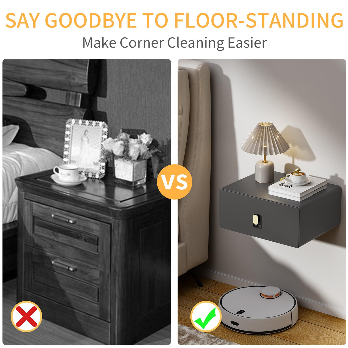 VICITON Modern Floating Nightstand with Solid Wood Drawer, Wall Mounted Bedside Table for Bedroom (Dark Gray, Small) VICITON