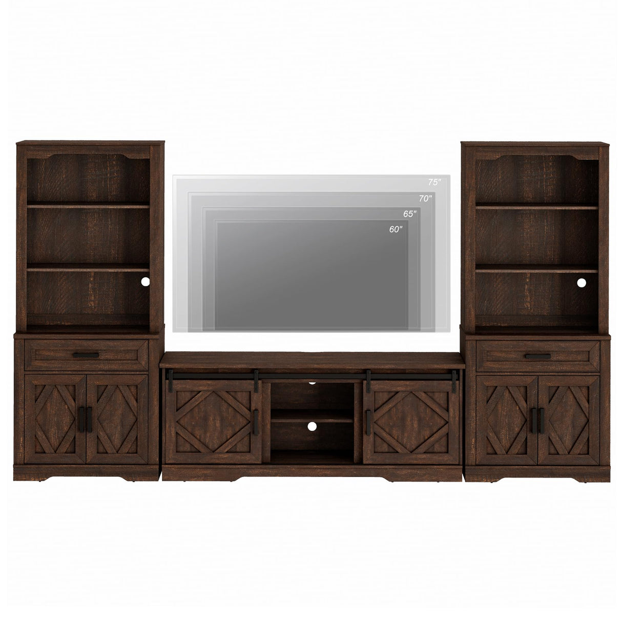 WAMPAT Farmhouse Entertainment Center with Bookshelf for TVs up to 75",Mid Century Modern TV Stand with 73"H Tall 5-Tier Bookcase with Open Storage and Barn Doors for Living Room,Bedroom,Rustic Brown WAMPAT