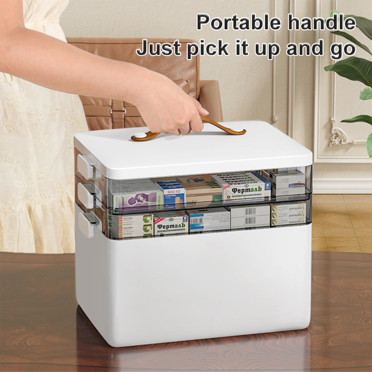 CTIME 3-Tier Medicine Organizer - Portable Medicine Cabinet with Leather Handle, Empty First Aid Kit for Home CTIME