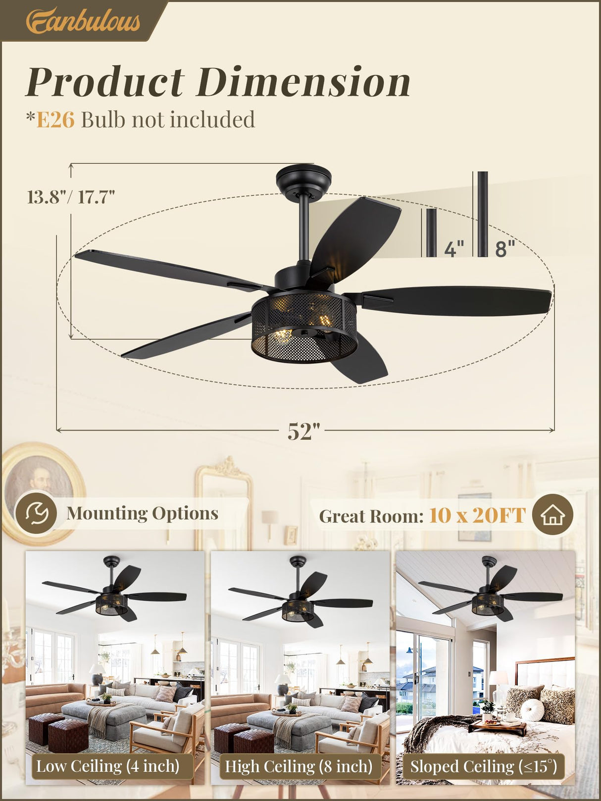 52 Inch Farmhouse Ceiling Fan with Light and Remote, Black Industrial Caged Ceiling Fans Flush Mount, 5 Dual Finish Blades, 6-Speed Reversible Quiet DC Motor, Rustic Design for Bedroom, Living Room Fanbulous