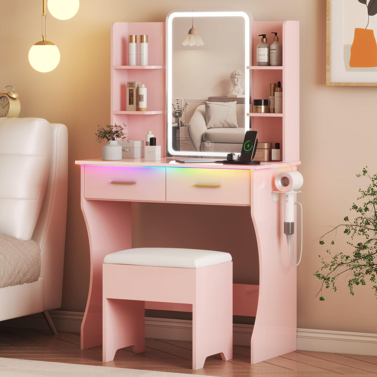 Vanity Desk with LED Lights Mirror & Power Outlet, Small Makeup Vanity Table Set with Storage Drawers & Chair, 3 Lighting Modes & Adjustable Brightness, Dressing Table for Women Girls Bedroom, Pink Xixini