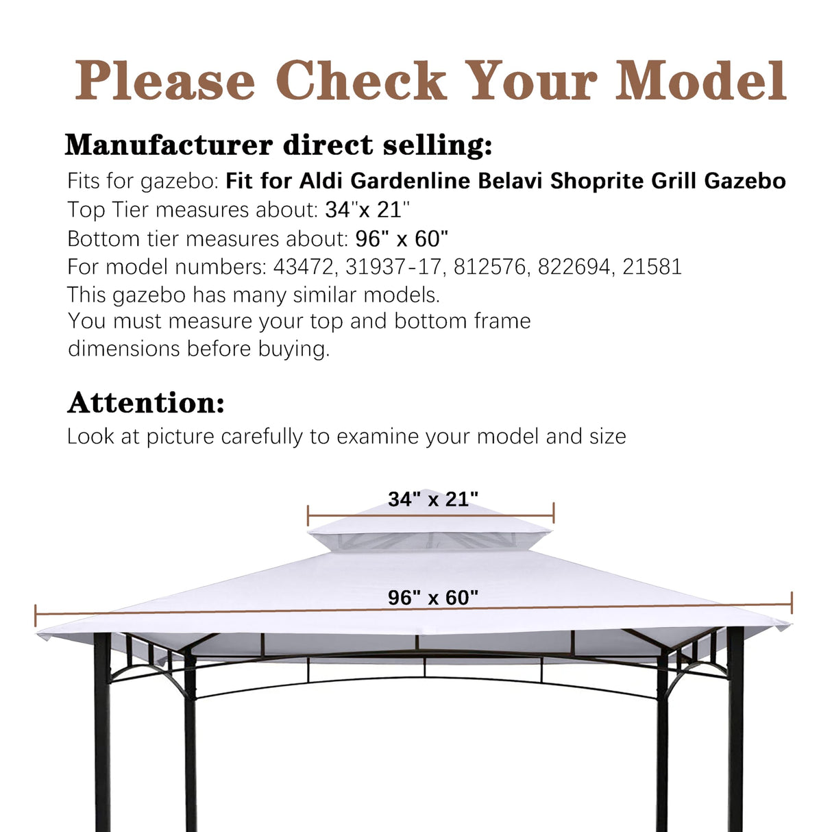 SCOCANOPY Heavy Duty Grill Replacement Canopy BBQ Gazebo Top Fit for Aldi Gardenline Belavi Shoprite Grill Gazebo,for Model Number: 43472,812576,822694,31937-17,21581,White SCOCANOPY
