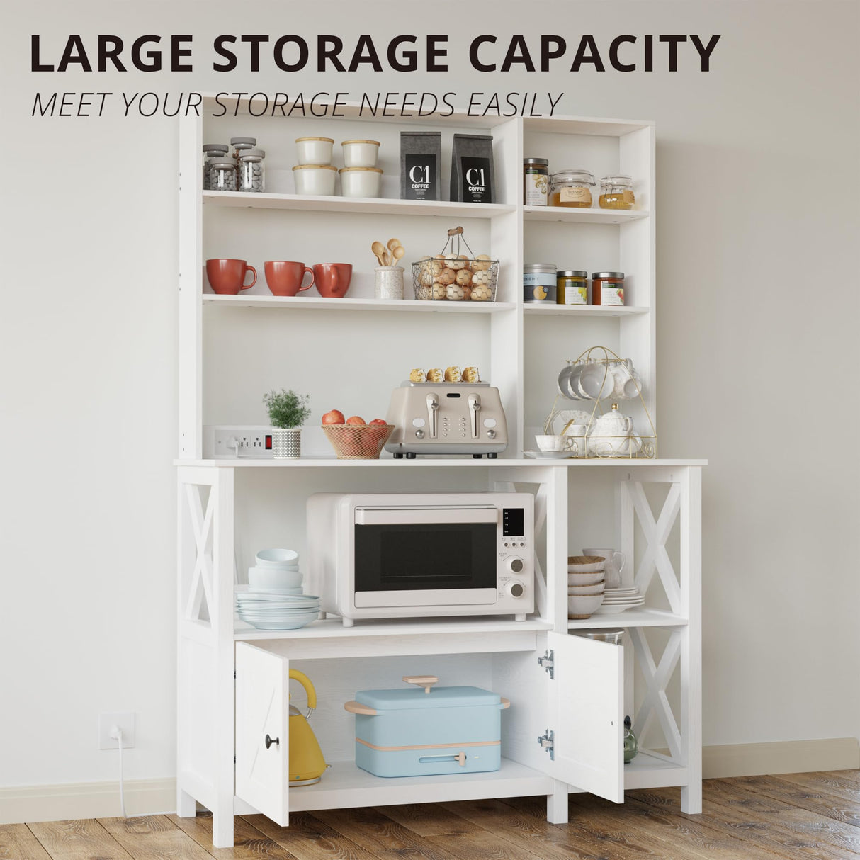 IRONCK Bakers Rack with Power Outlet, 45in Wide Coffee Bar Cabinet with Storage, 6-Tier Kitchen Storage with Doors, Microwave Stand for Kitchen, Dining Room IRONCK