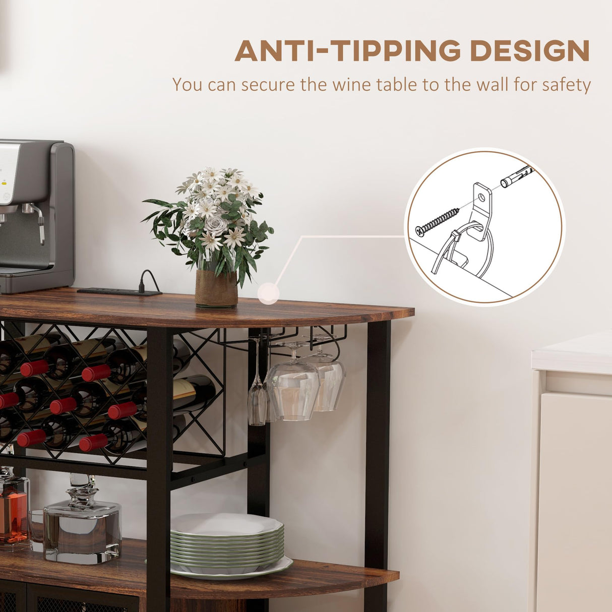 HOMCOM Wine Bar Cabinet with Charging Station and LED Lights, Industrial Liquor Cabinet Bar Stand for Home with 10-Bottle Wine Rack, Glass Holders, Mesh Doors, and Open Shelves, Rustic Brown HOMCOM