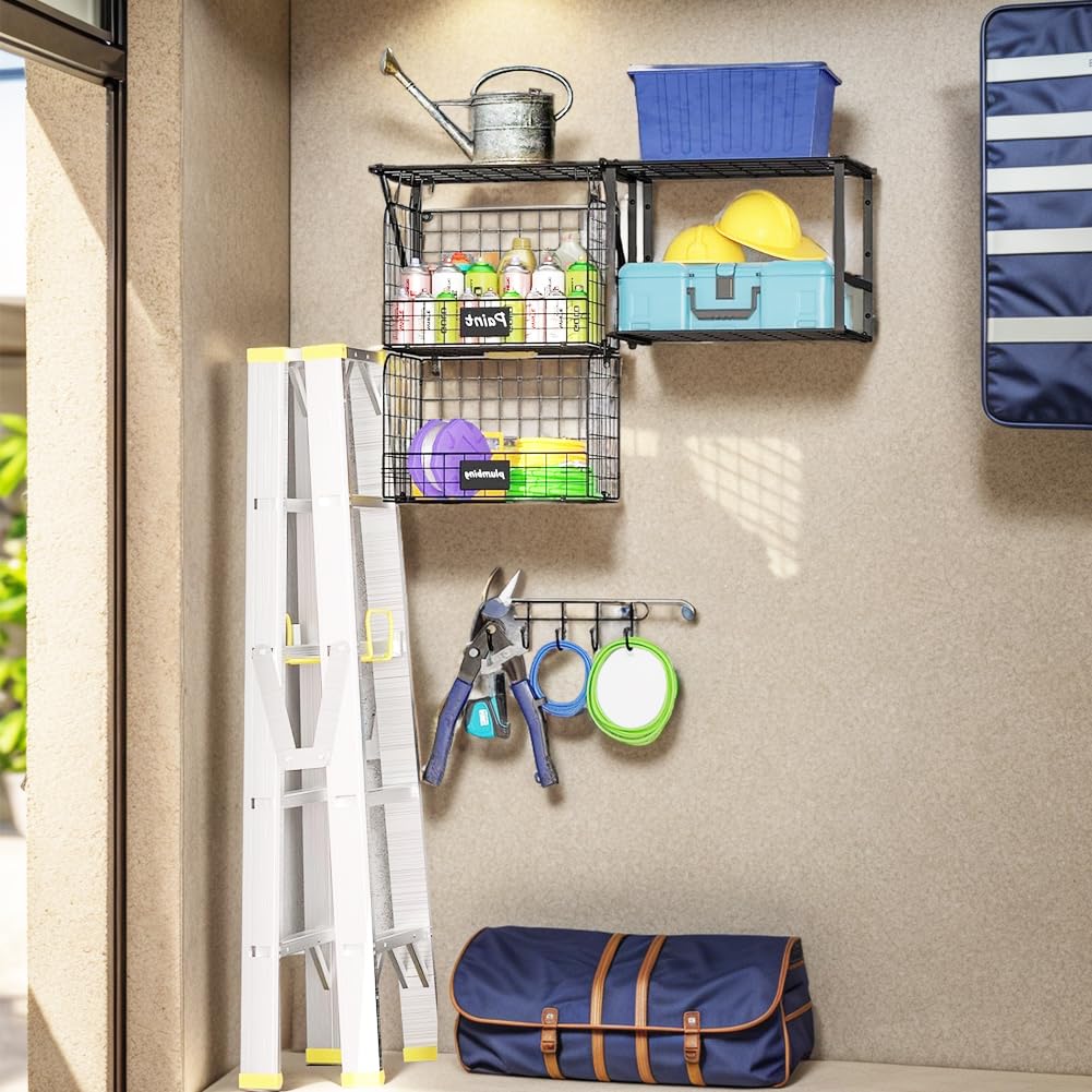 PSUTBPAT Garage Shelf Wall Mounted with Wire baskets, Heavy Duty Garage Wall Shelving with Garden Tool Storage und Hooks, Wire Shelf Baskets for Home Garden Garage Organization and Storage PSUTBPAT