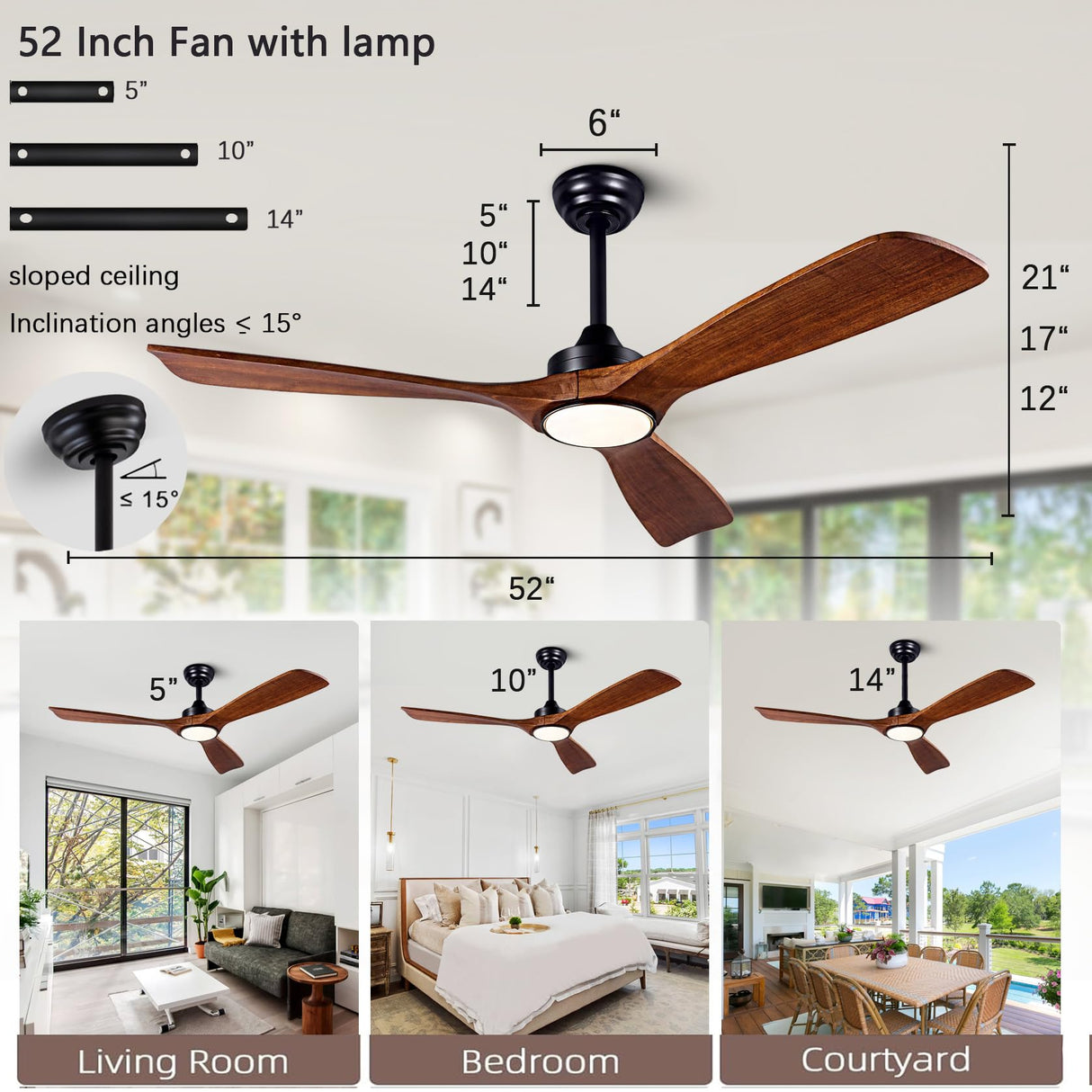 Ceiling Fans with Lights, 52 Inch Ceiling Fan with Remote/APP Control,3CCT Dimmable Light,Noiseless Reversible DC Motor,3 Solid Wood Blades,Indoor/Outdoor Ceiling Fans for Bedroom,Farmhouse,Patio ducrew
