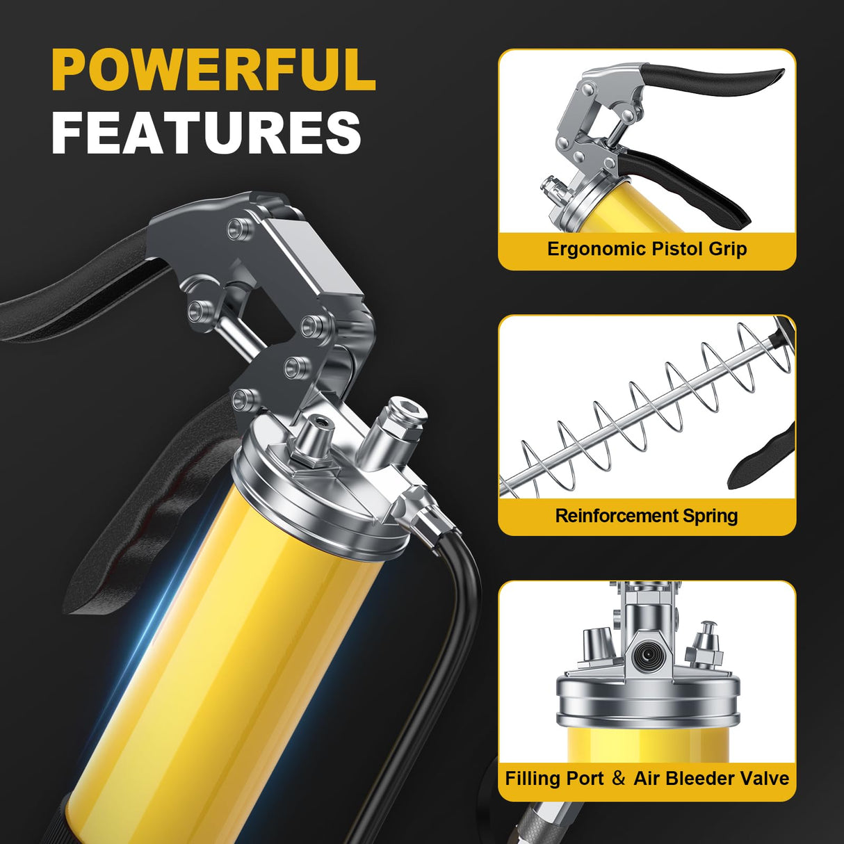 Fantictas Grease Gun Kit, 8000 PSI Leak-Proof Pistol Grip Grease Gun with Lock Coupler, 18" Spring Flex Hose, 14oz Load, 2 Standard Hose, Grease Injector, Needle, Coupler, Rigid Pipe, Sharp Nozzle Fantictas