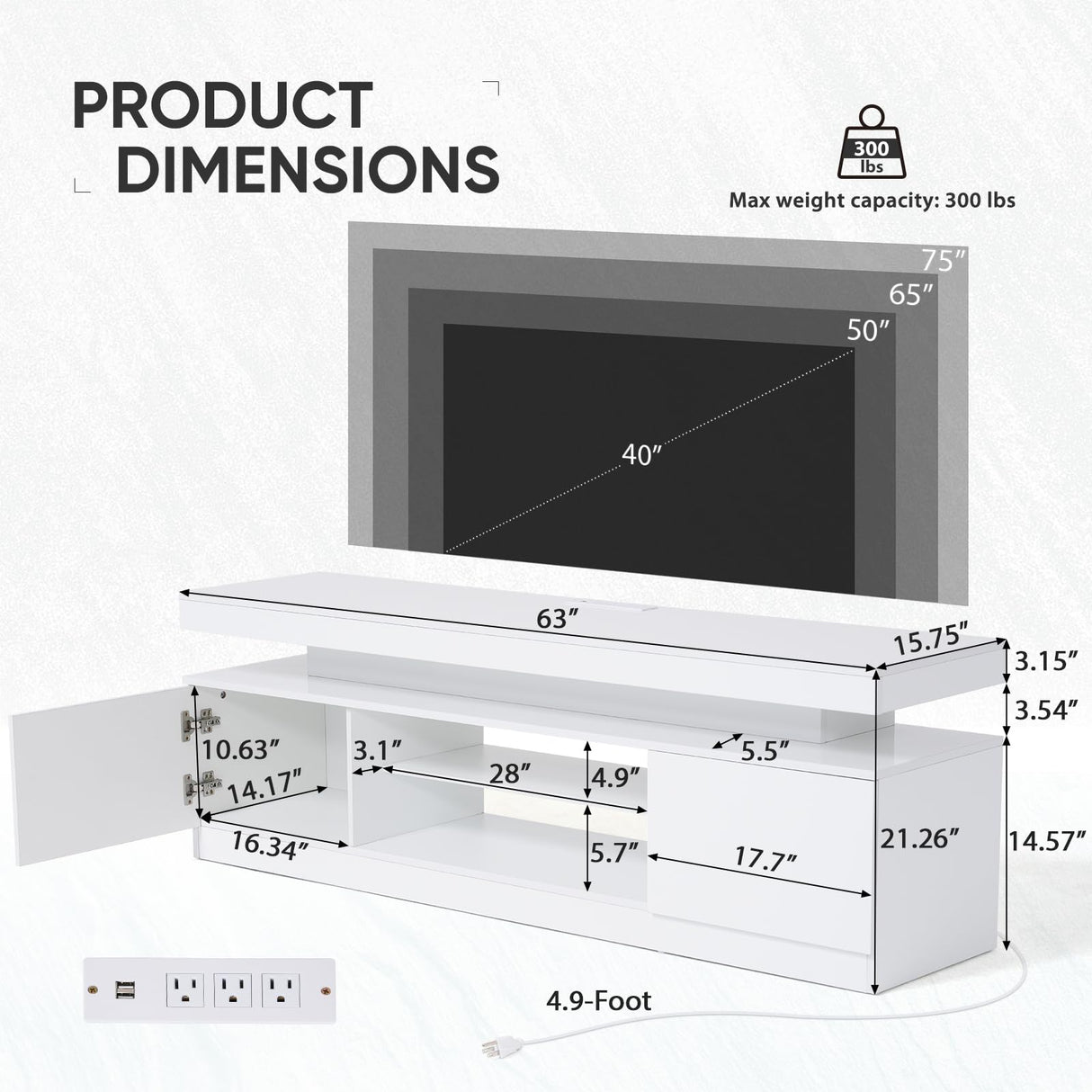 Verano Garden 63" LED TV Stand for 75 Inch TV, High Gloss Entertainment Center with 2 Storage Cabinets and Open Shelf, Modern TV Media Console with Power Outlet & Light for Living Room, Bedroom, White Verano Garden