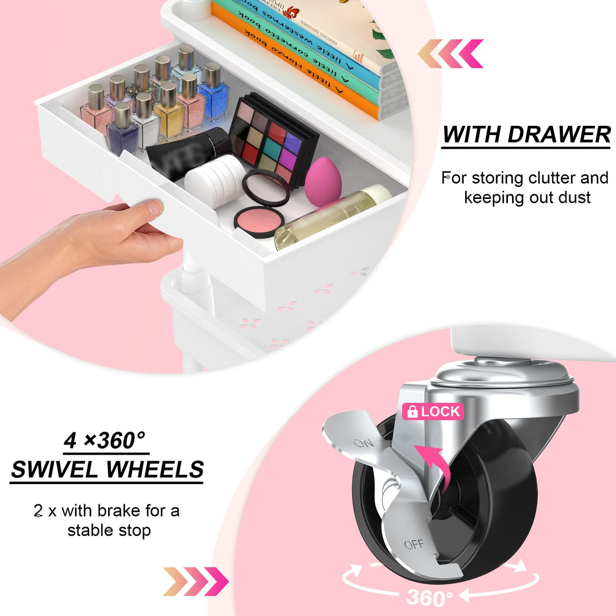 Goovilla 3 Tier Rolling Utility Cart Organizer with Removable Drawer, Stable and Sturdy White Rolling Storage Carts with 2 Lockable Wheels for Bathroom, Kitchen, Snack, Craft, Makeup, Baby Essentials Goovilla