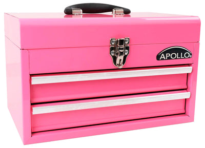 Apollo Tools 14 Inch Steel Tool Box with Deep Top Compartment and 2 Drawers in Heavy-Duty Steel With Ball Bearing Opening and Powder Coated Finish - Pink Ribbon - Pink - DT5010P