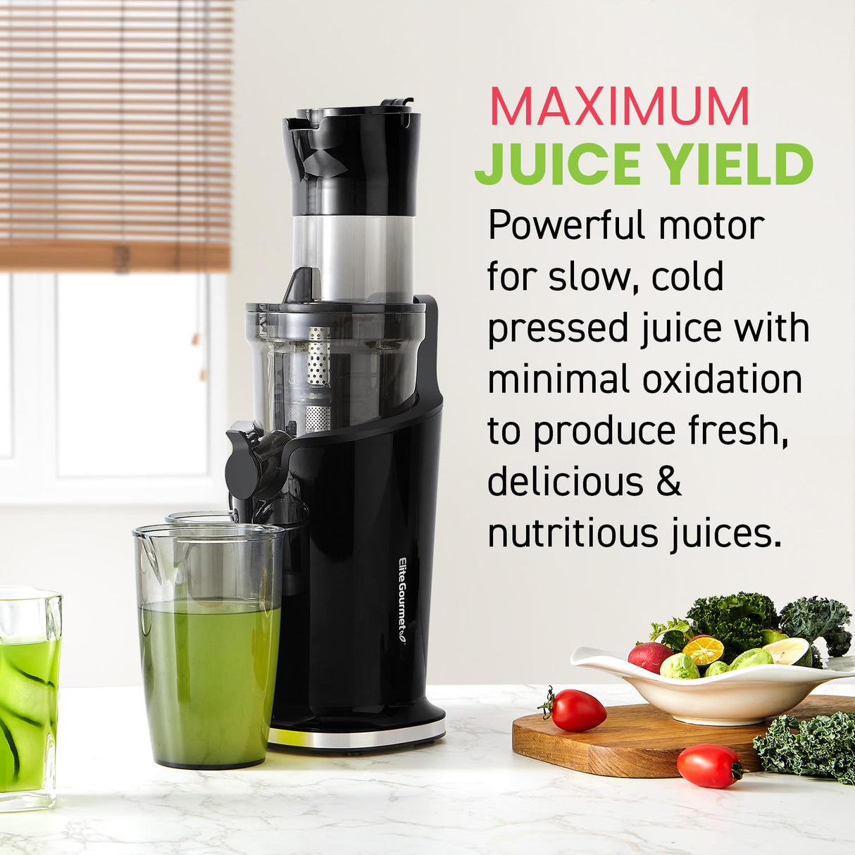 Elite Gourmet EJX017 Whole Fruit 3” Feeding Chute, Dynamic Masticating Slow Juicer, High Yield Cold Press Juice Extractor, Nutrient and Vitamin Dense, Easy to Clean, 27 oz Juice Cup, Black Elite Gourmet