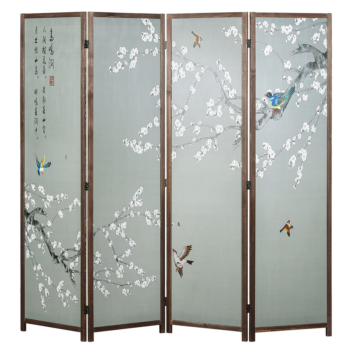 MyGift 4-Panel Asian-Inspired Folding Room Divider with Cherry Blossom Tree & Bird Design Poetry Calligraphy and Brown Wooden Frame MyGift