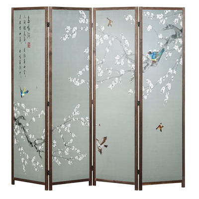 MyGift 4-Panel Asian-Inspired Folding Room Divider with Cherry Blossom Tree & Bird Design Poetry Calligraphy and Brown Wooden Frame