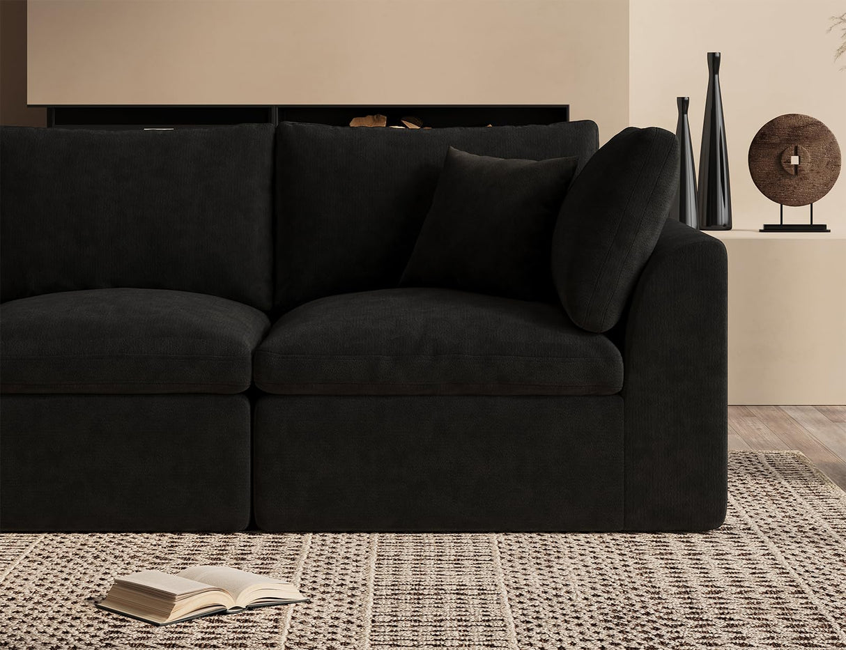 ohllob 110" Cloud Sectional Couches for Living Room, Boneless L-Shape Couch with Ottoman, 3 Seater Modular Sectional Sofa, Black ohllob