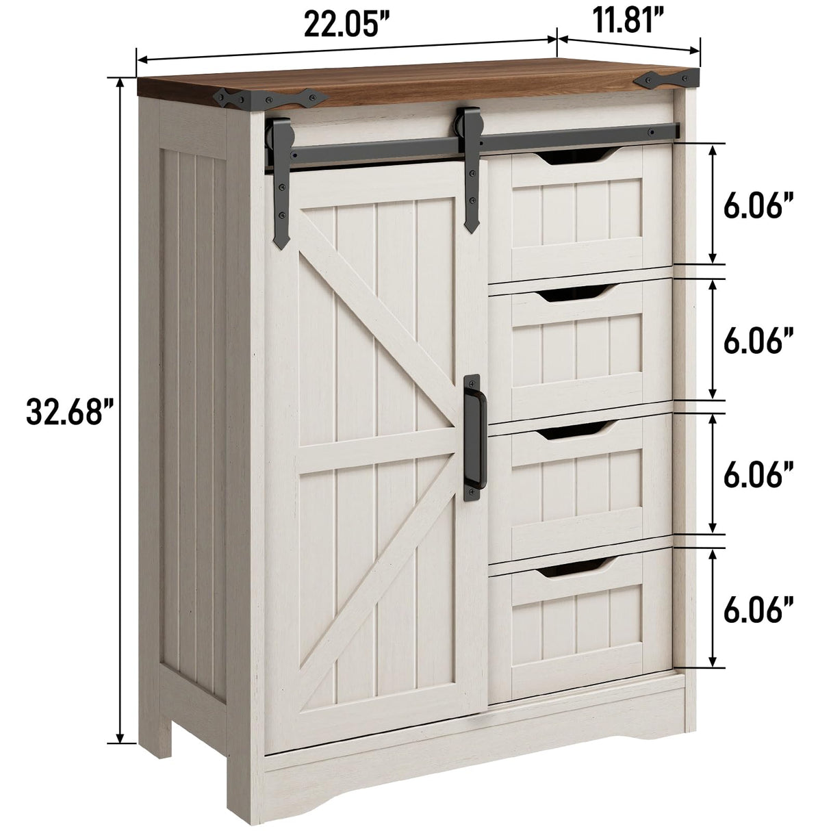 Farmhouse Bathroom Floor Storage Cabinet with 4 Drawers, Bathroom Cabinet with Sliding Door, Rustic Storage Organizer for Kitchen, Living Room, Rustic Style, White Halitaa