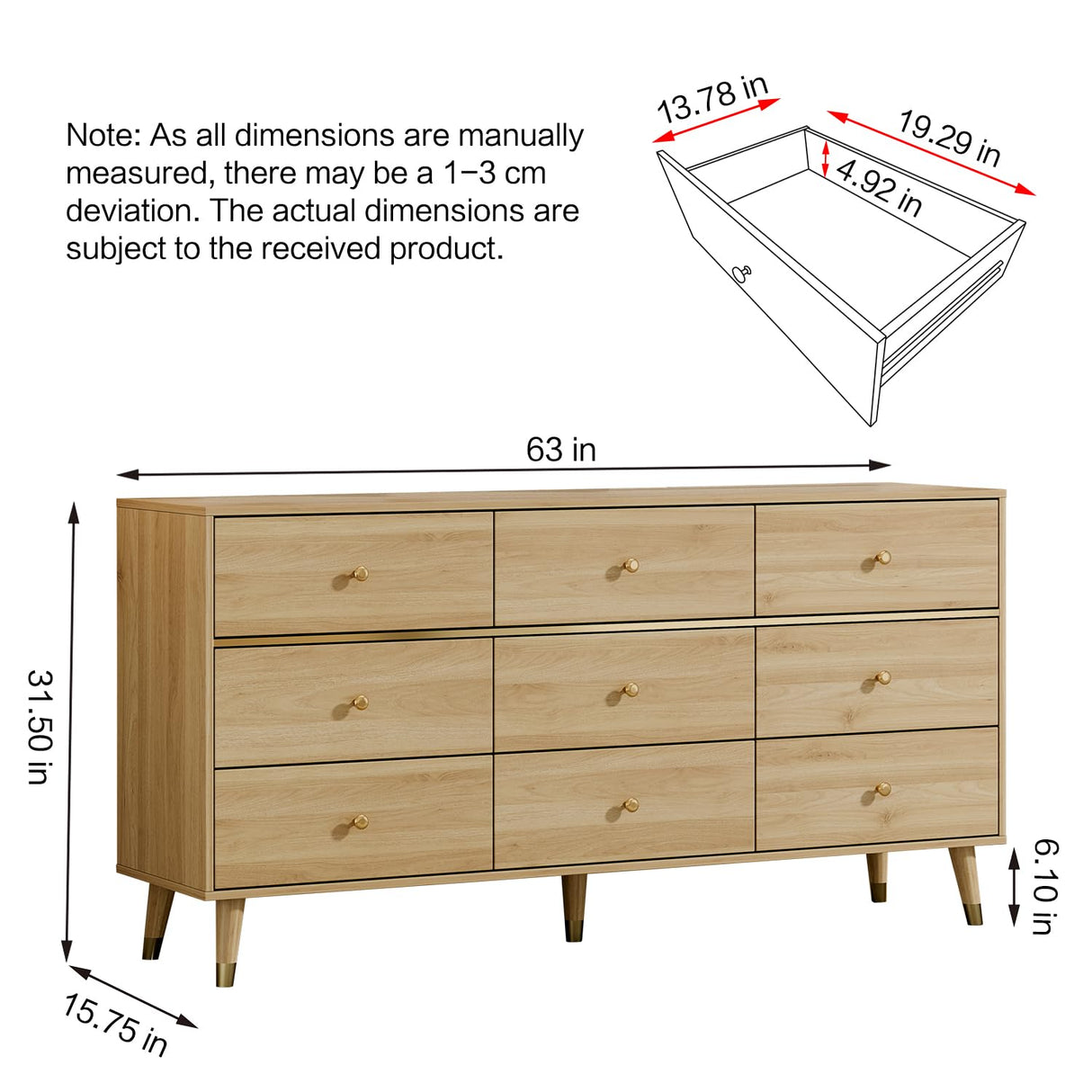 Chrangmay 9 Drawer Dresser,63" Wide Mid Century Modern Chest of Drawers,Wooden Bedroom Drawer Dresser with 9 Storage Drawers for Bedroom, Living Room,with Anti-Tipping Device,Woody Chrangmay