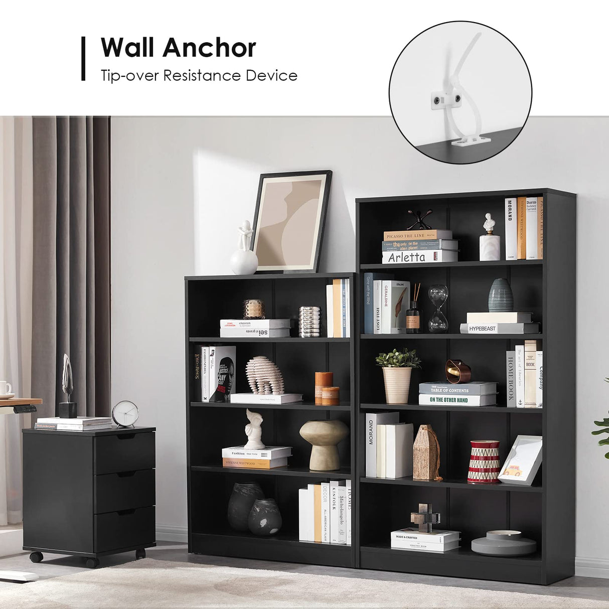 Farini Black Bookshelf for Bedroom 5 Shelf Office Bookcase 60 Inches Tall Modern Wood Bookshelf for Living Room 5 Tier Wide Manga Bookshelf Library Bookcase Farini