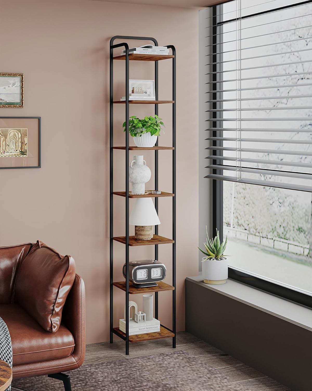 Hzuaneri Bookcase Bookshelf, Narrow Book Shelf, Industrial Corner Shelf Storage Organizer, Slim Shelving Unit for Home Office, Living Room, Bedroom, Kitchen, 7-Tier Rustic Brown and Black BC24701B Hzuaneri