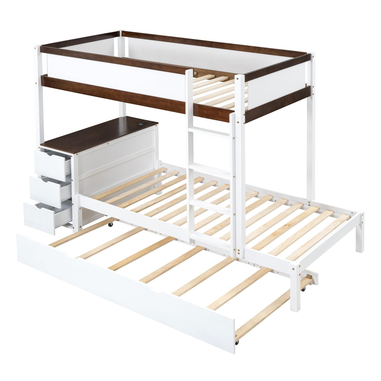 Harper & Bright Designs Twin Over Twin Bunk Bed Twin Size Trundle, Wood Twin Bunk Bed with USB Ports, Storage and Desk, White+Walnut Harper & Bright Designs
