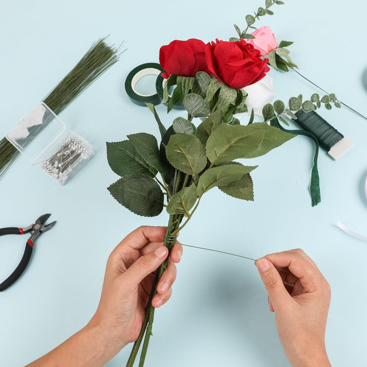 NESCCI Floral Arrangement Kit with Green Floral Tape and Wire,26 Gauge Floral Stem Wire,22 Gauge Floral Wire,Boutonniere Pin for Bouquet Stem Wrap Florist. NESCCI