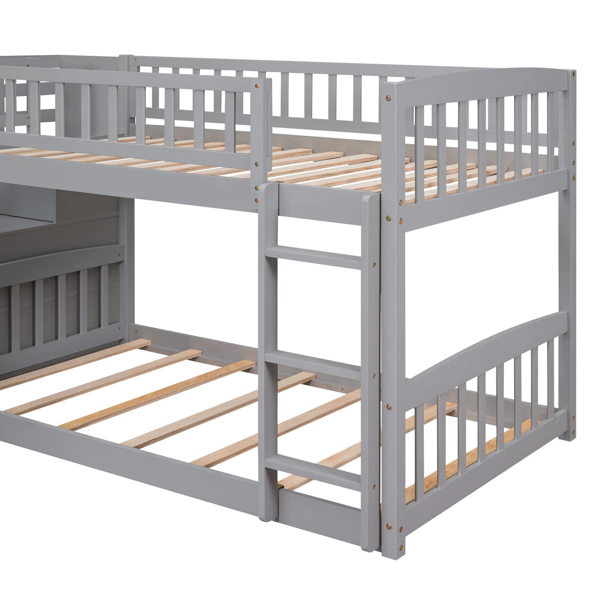 Ball & Cast Twin Over Twin Size Bunk Bed with Two Drawers and Slide,Wood Bunkbed w/Full-Length Guardrails & Storage Convertible Ladder,Space Saving,Slat Support,Bedframe for Child's BedroomGray Ball & Cast
