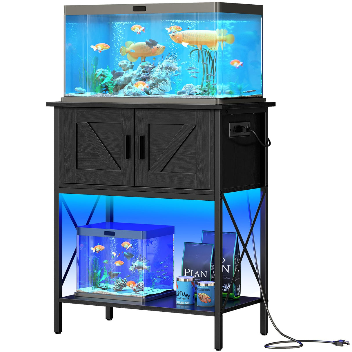 HOOBRO 20 Gallon Fish Tank Stand with Power Outlets and LED Light, Metal Frame Aquarium Stand, Reptile, Turtle Tank Stand with Cabinet Storage, 27.6'' L x 15.7'' W, 300 LBS Capacity, Black BB40UDFT01 HOOBRO