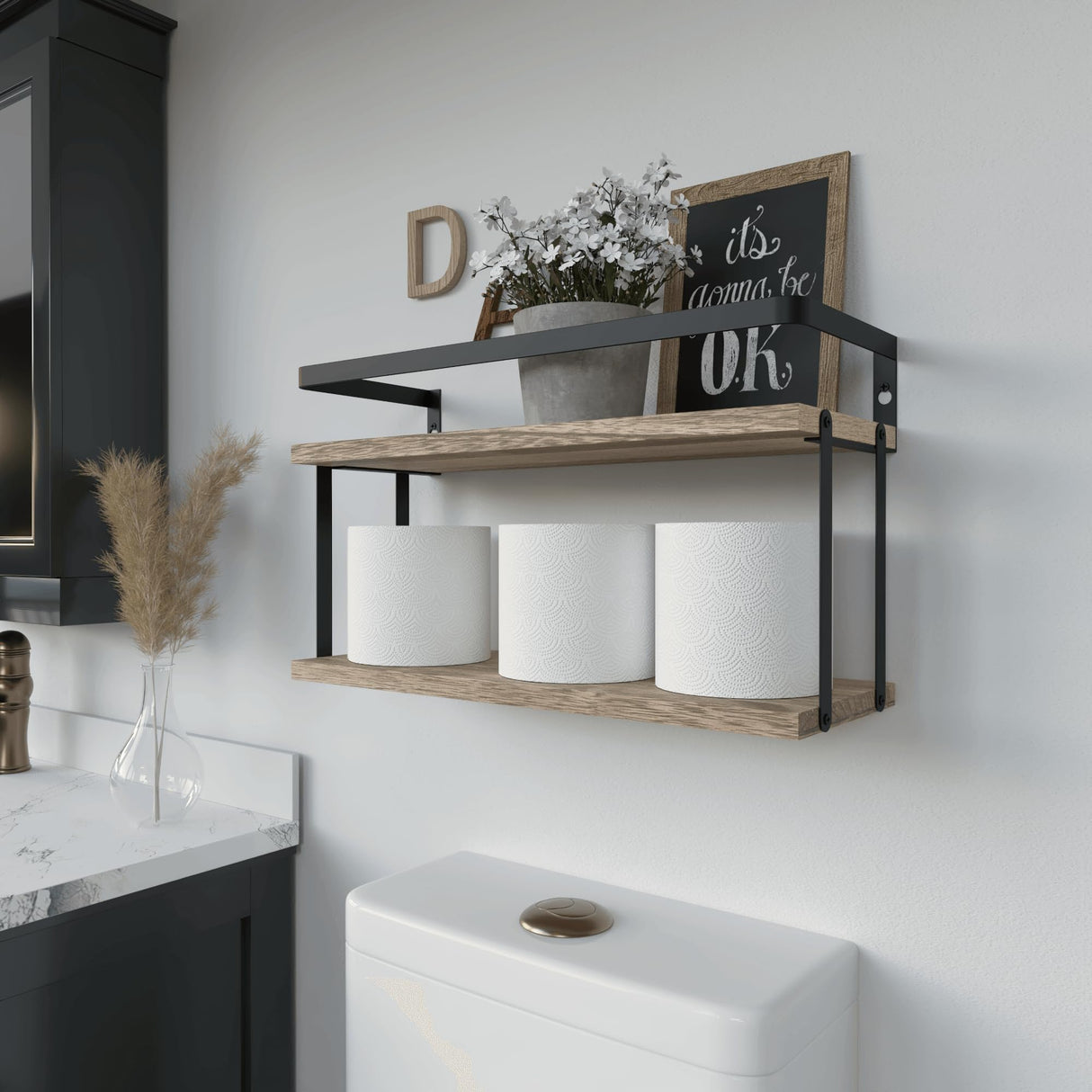 RICHER HOUSE Dual-Level Guardrail Floating Shelves, Rustic Wood Shelf Wall Mounted, Over Toilet Paper Storage Shelf for Bathroom Wall Decor, Bathroom Organizers and Kitchen Storage - Rustic Wood RICHER HOUSE