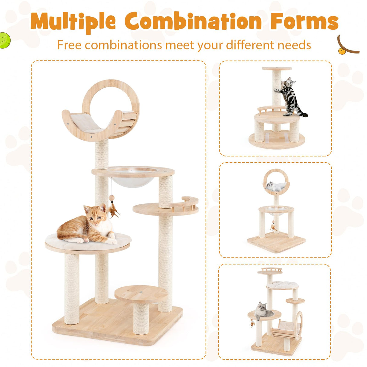 Nightcore 57” Tall Solid Wood Cat Tree for Indoor Cats, Building Block Kitten Tower w/Perch, Scratching Posts, Washable Cushions, 4 Install Options, Multi-Level Cat Activity Center Climbing Furniture WoodArtSupply
